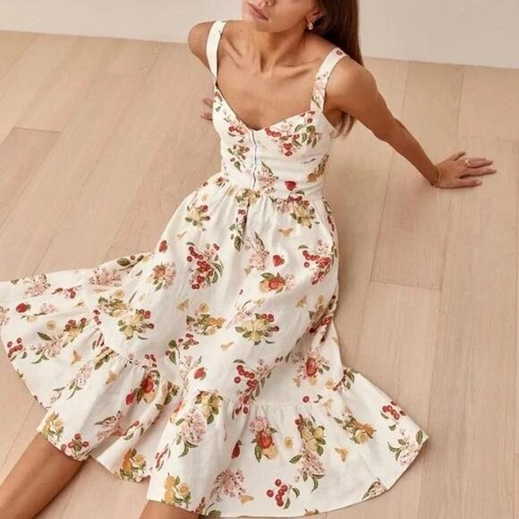 Reformation Dolci Fruit Print Linen Bustier Summer Midi Dress - Picture 1 of 5